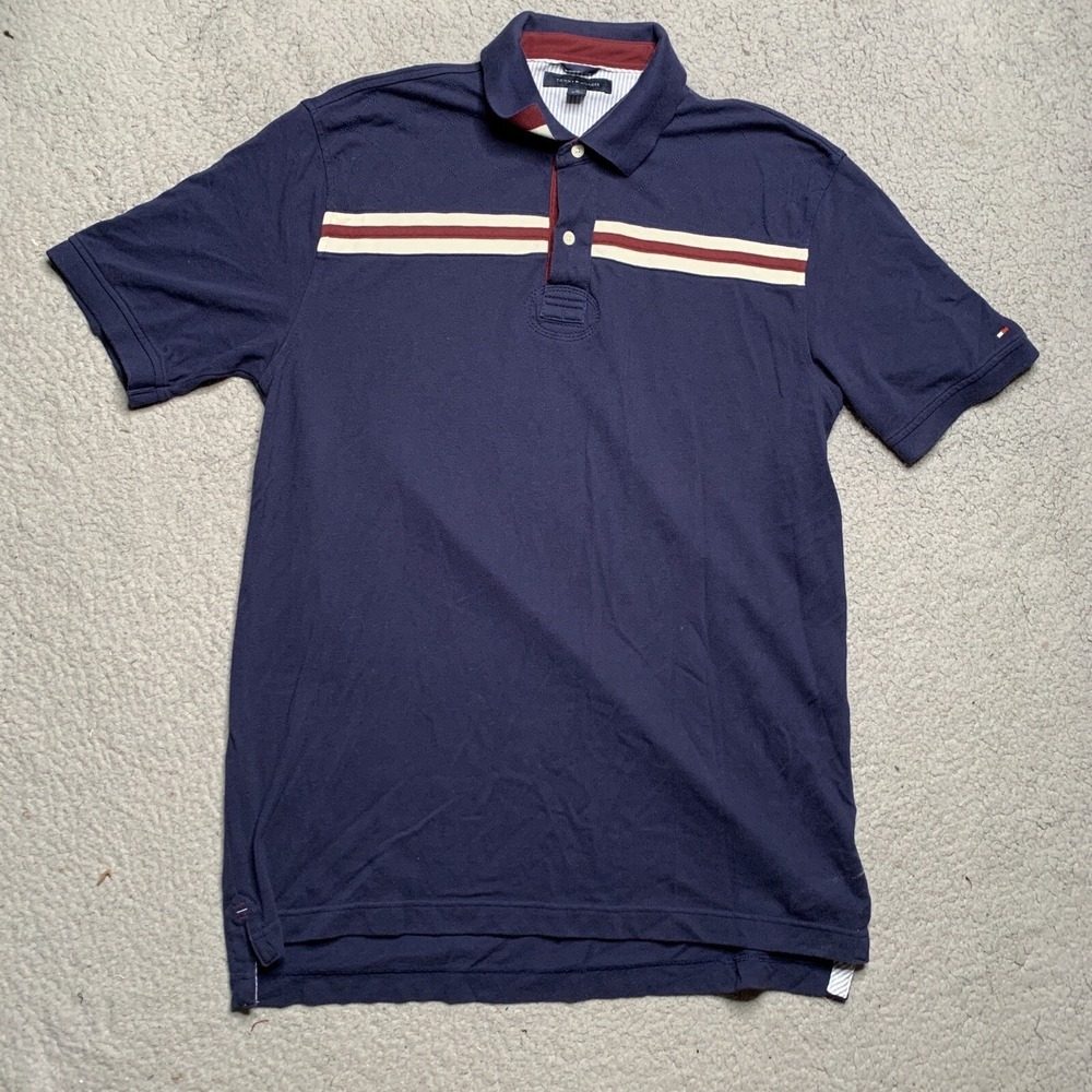 Tommy Hilfiger Men's Polo Shirt XL Pique Stripe Short Sleeve Navy White Red Flag
